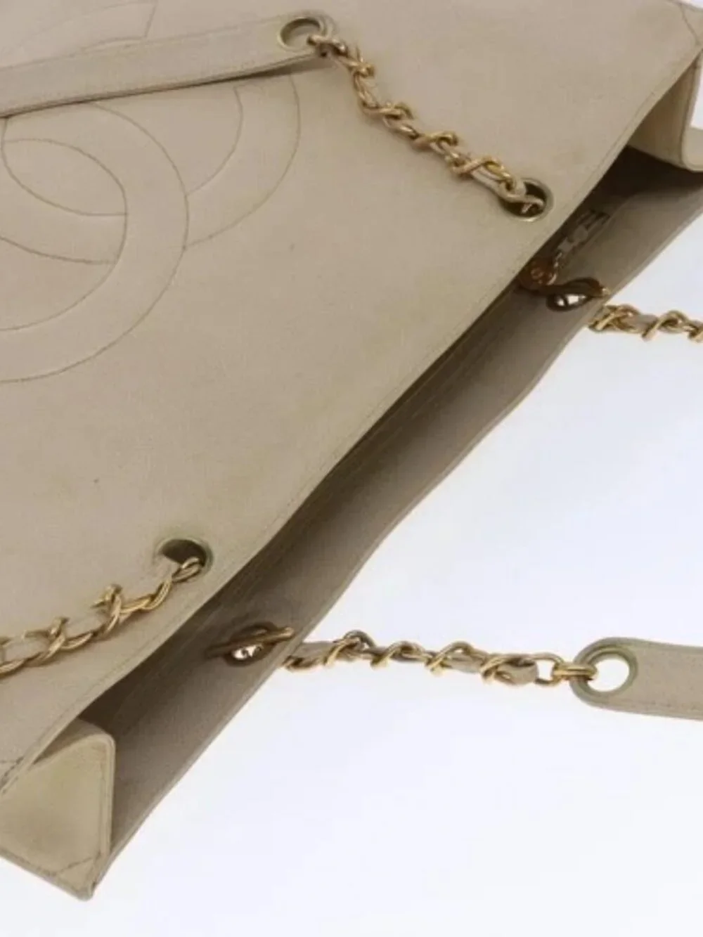 CHANEL COCO Mark Chain Tote Bag Grained Calf Skin Beige Gold CC Auth bs18886